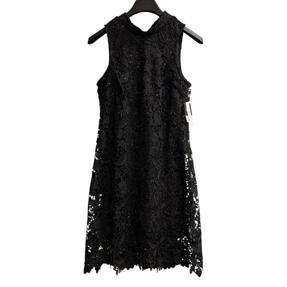 Robbie Bee Dress Womens M Black Lace Overlay Lined Midi Metallic Event Cocktail - Picture 1 of 13